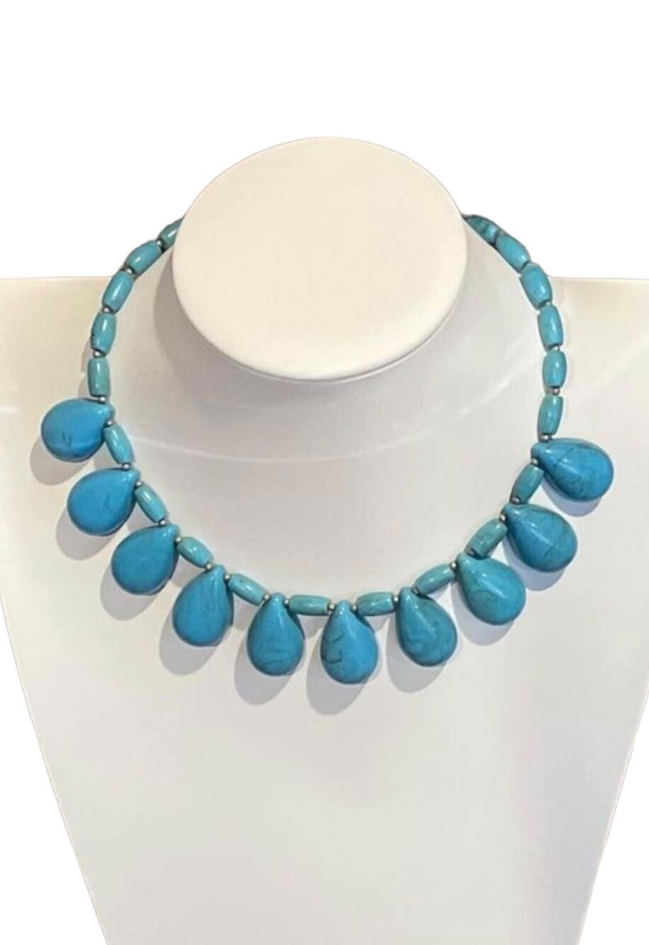 Turquoise Tribal Teardrop Statement Necklace - Stamped “ZAHARA” - Estate Item